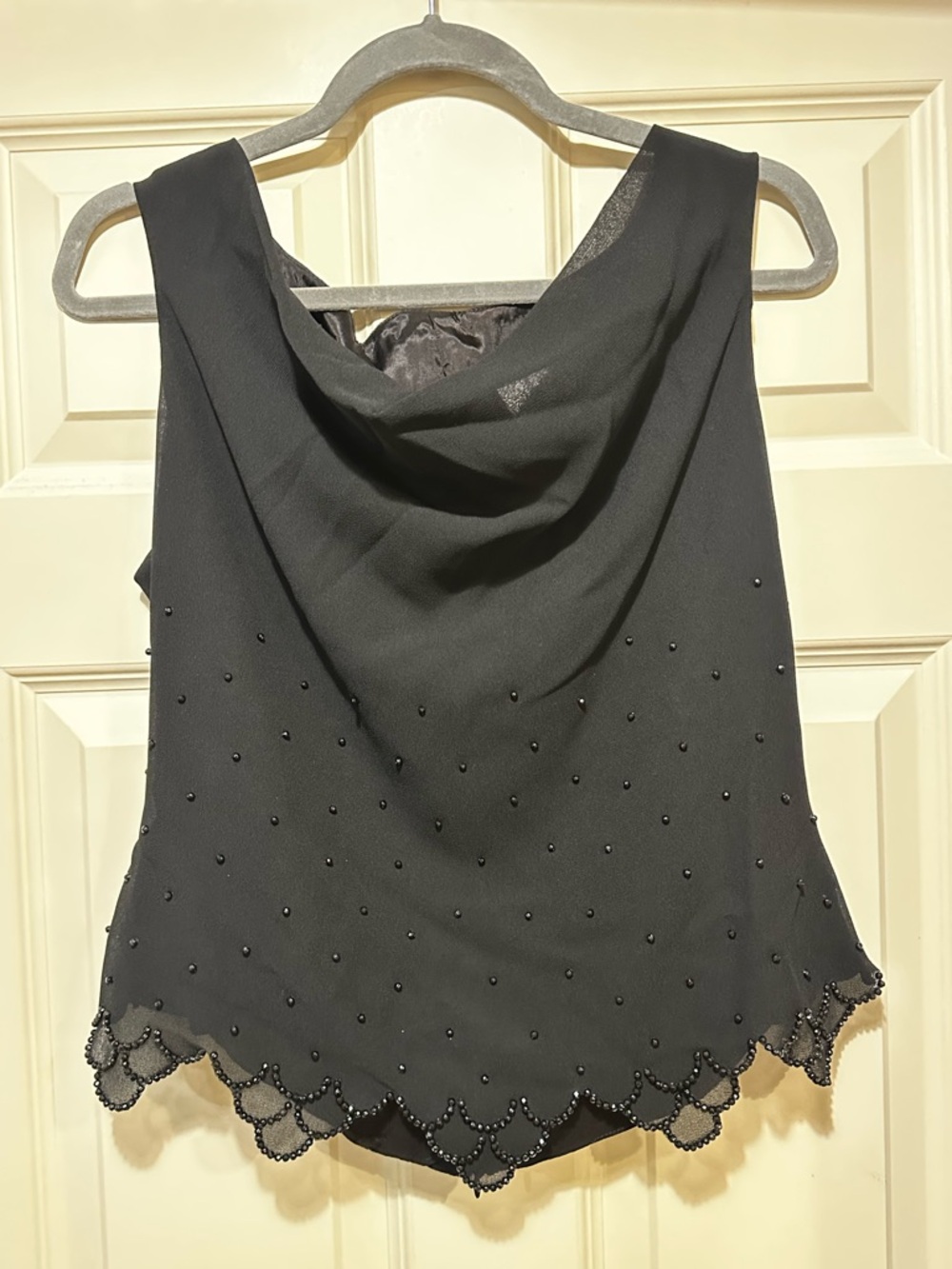Sleeveless Black Sheer Lined Beaded Top with Scalloped Hem Size 12